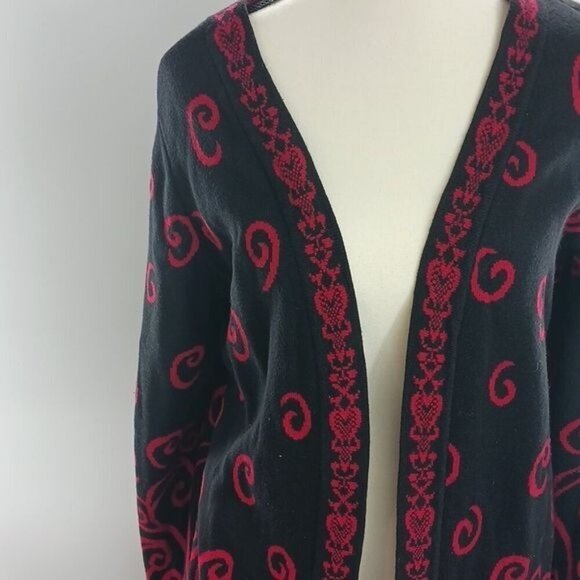 Christopher & Banks Cardigan Sweater Black Red Knit Swirl Pattern Womens Size L - Picture 2 of 7